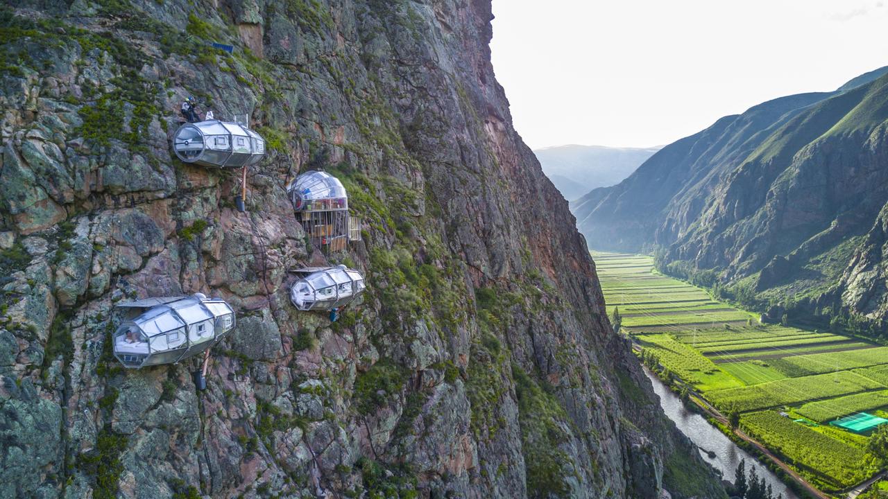 Spend your nights in the Sacred Valley in a room anchored to a cliff face at Sky Lodge.