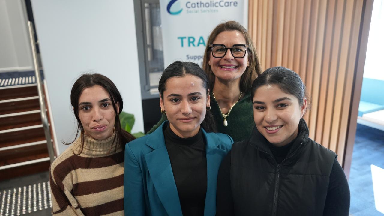 Celebrating a $1.5m federal government funding package for CatholicCare's TRAMS program are (from left) Hadya Adi, Maysoon Sulaiman, chief executive Kate Venables and Rana Almuhama.