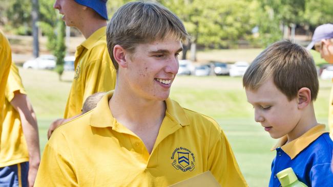 Senior student Harry Weir and Prep student William McAllister. Toowoomba Grammar School's anti bullying program. Picture: Nev Madsen. Friday, 25th Oct, 2019.