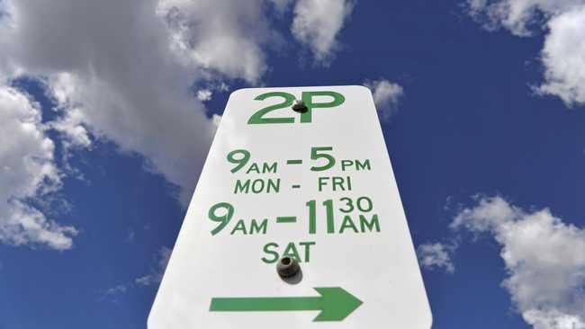 A 2P parking sign for parking for a maximum of two hours is seen in a Margaret St parking area of the Toowoomba CBD, Friday, May 4, 2018. Picture: Kevin Farmer