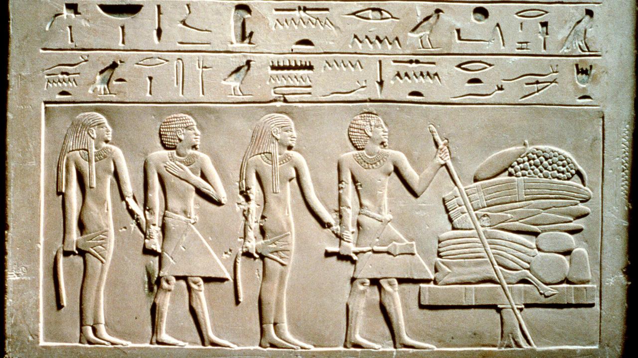 Hieroglyphics and other carvings on a stone tablet. Picture: supplied