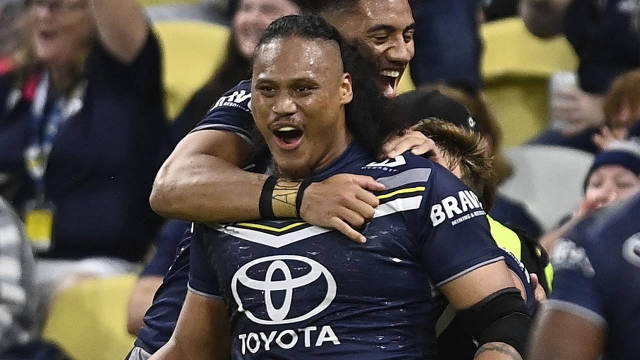 TOWNSVILLE, AUSTRALIA - JULY 01: Luciano Leilua of the Cowboys celebrates after scoring a try during the round 18 NRL match between North Queensland Cowboys and Wests Tigers at Qld Country Bank Stadium on July 01, 2023 in Townsville, Australia. (Photo by Ian Hitchcock/Getty Images)