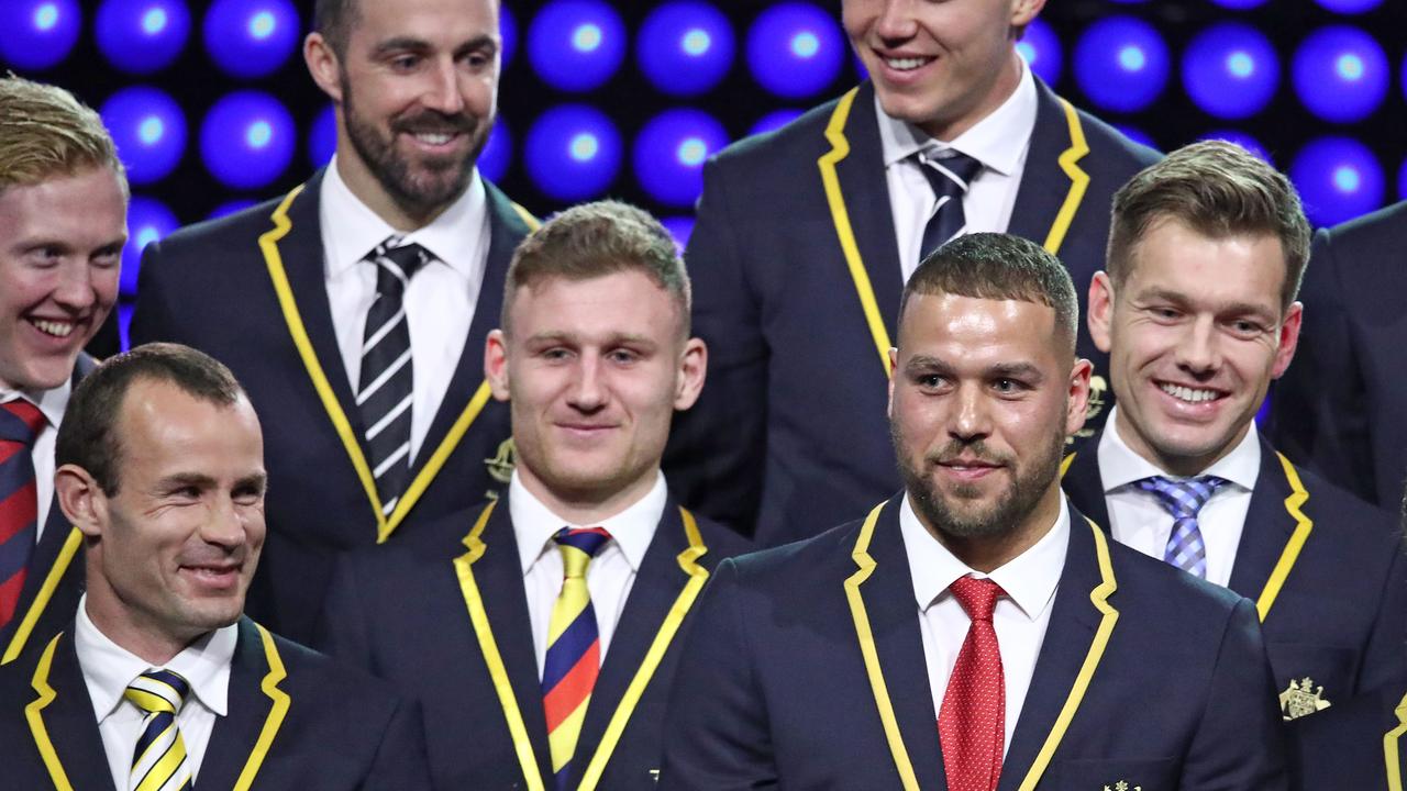 Players look on as Lance Franklin is named 2018 All-Australian captain. (Photo by Scott Barbour/Getty Images)