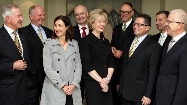 Graham Bradley, Peter Wilson, Catriona Noble, Jack Percy, Katie Lahey, Michael Rose, Tim Ebbeck, Matthew Quinn and Robert Milliner get behind a Business Council of Australia plan to boost the number of women CEOs and CFOs at ASX top 200 companies. Picture: Stephen Cooper