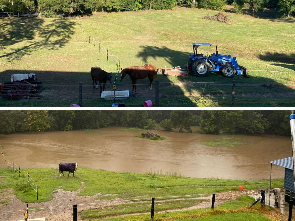 A property at Peachester pictured before and after flooding in April.