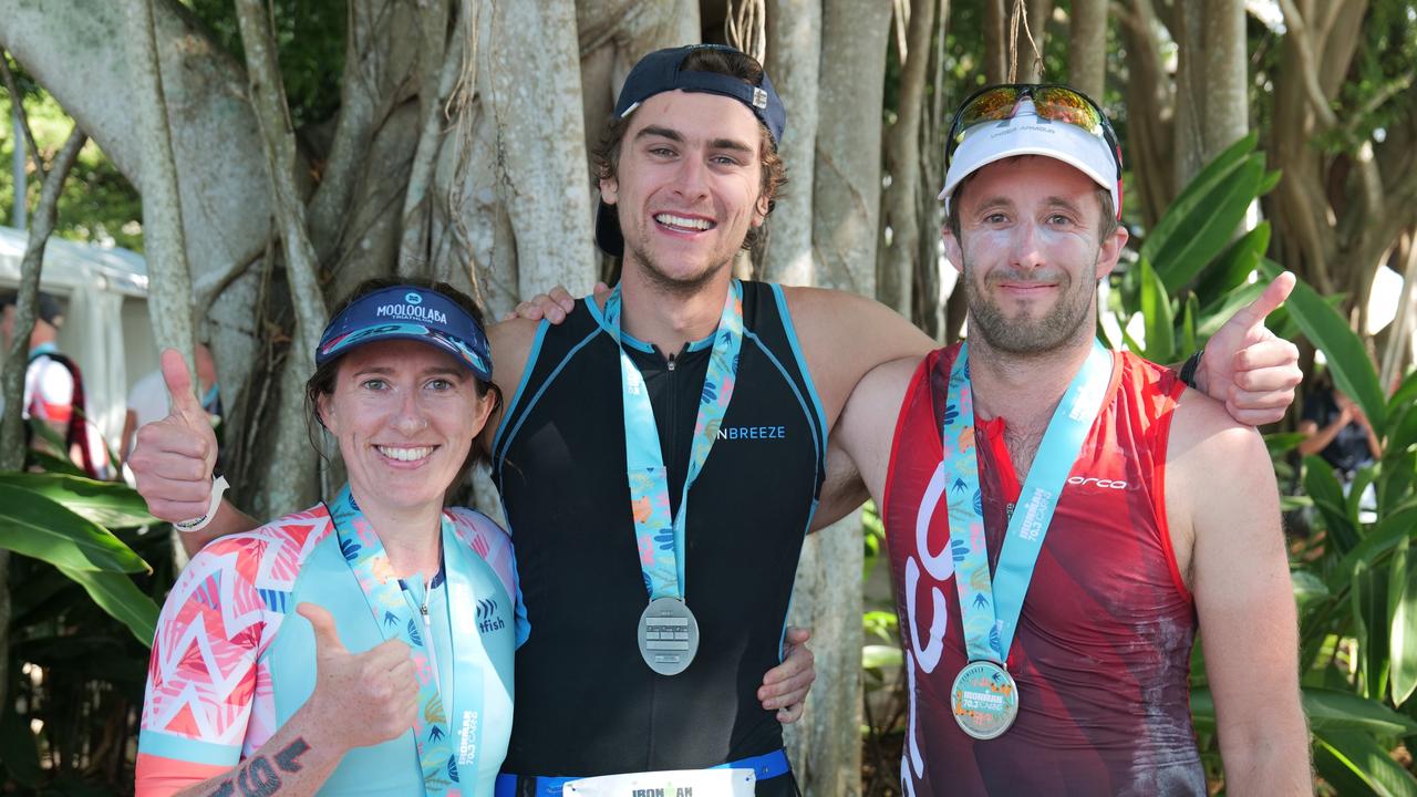 Cairns locals Jennifer Evans, Andrew Link with WA competitor Chris Williamson (left) completed this year's Cairns Ironman 70.3 triathlon. Photo: Georgia Clelland.