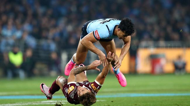 Suaalii’s high tackle on Reece Walsh at Accor Stadium last June that had him seeing red early on in his first – and only – State of Origin appearance. Picture: NRL Photos / Brett Costello