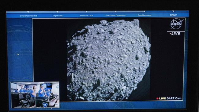 A television at NASA's Kennedy Space Center in Cape Canaveral, Florida, captures the final images from the Double Asteroid Redirection Test (DART) just before it smashes into the asteroid Dimorphos. Picture: AFP