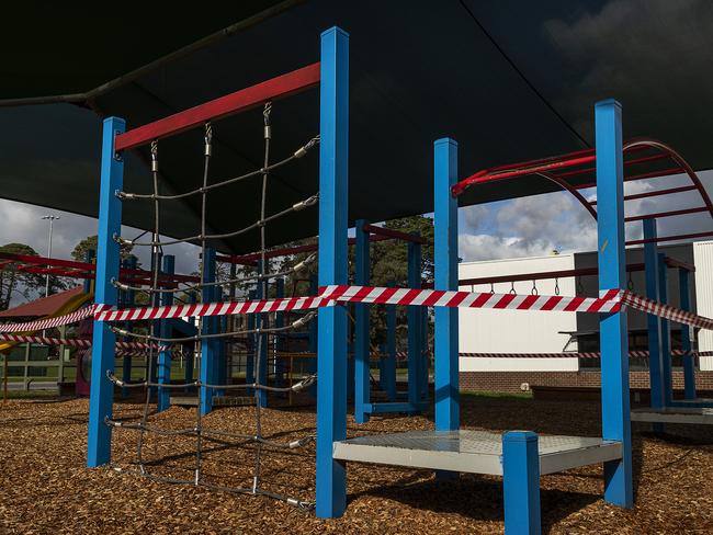 MELBOURNE, AUSTRALIA - MAY 22: Closed school playground areas are seen ahead of opening next week at Lysterfield Primary School on May 22, 2020 in Melbourne, Australia. Students from prep to year two and years 11 and 12 will return to classrooms on May 26th with years three to 10 returning on June 10.  Victorian schools closed on March 25 to help stop the spread of COVID-19. (Photo by Daniel Pockett/Getty Images)