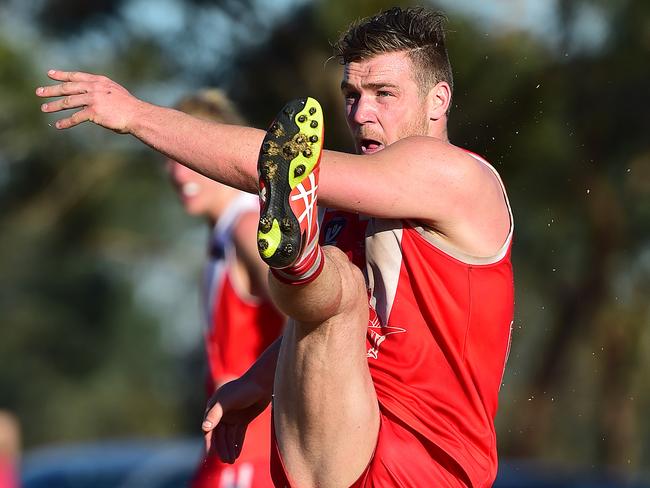 Pictured is action during the Nepean Football Netball League seniors Preliminary Final of Australian Rules Football between Somerville (blue and yellow with blue shorts) versus Sorrento (red and white with red shorts) at Bunguyan Reserve in Tyabb. Luke Tapscott. Picture: Derrick den Hollander