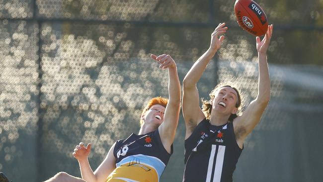 Samuel O'Shannessy of the Pioneers competes for a mark. (Photo by Daniel Pockett/AFL Photos/via Getty Images)