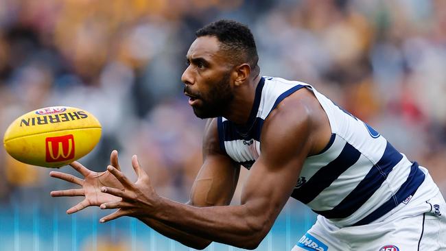 Esava Ratugolea says he is happy in Geelong despite a trade request to Port Adelaide. Picture: Dylan Burns/AFL Photos via Getty Images