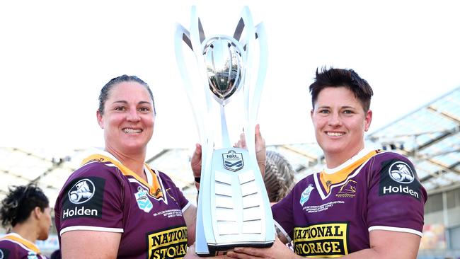 Steph Hancock (left) was part of Brisbane’s inaugural NRLW premiership side. Picture: Cameron Spencer/Getty Images