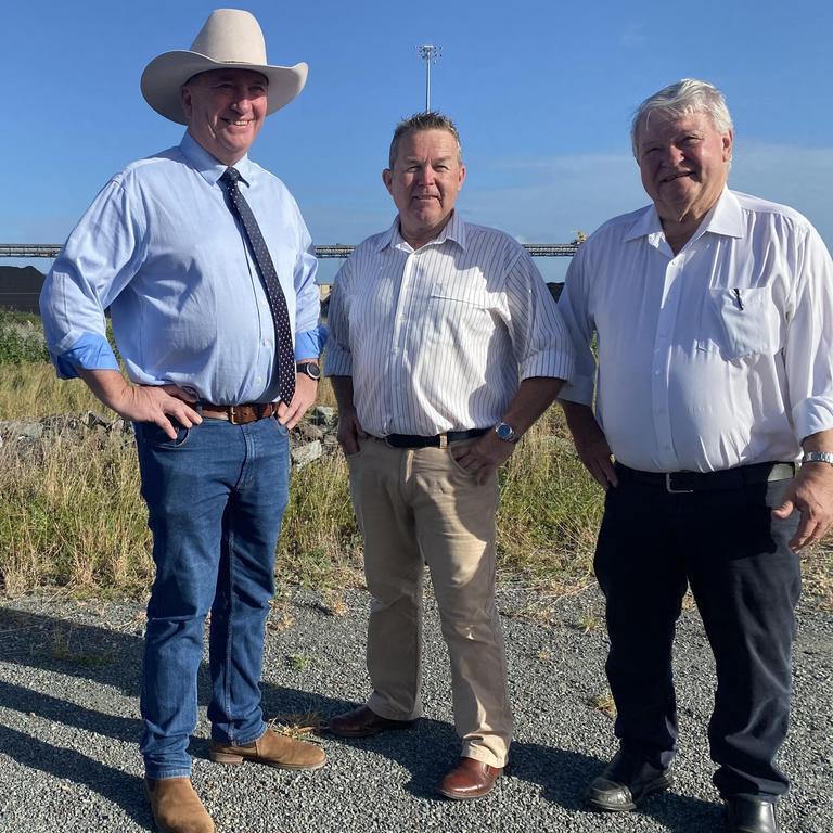 Deputy PM Barnaby Joyce, Colin Boyce, and Ken O'Dowd at Gladstone's Marine Operations Terminal on Friday. Picture: Nilsson Jones