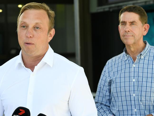 Leader of the Opposition Steven Miles and Deputy Leader of the Opposition Cameron Dick speak to the media in Townsville. Picture: Shae Beplate.