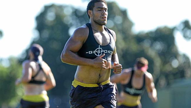 Brisbane Broncos training at North Ipswich Reserve on Saturday. Joe Ofahengaue. Picture: Rob Williams