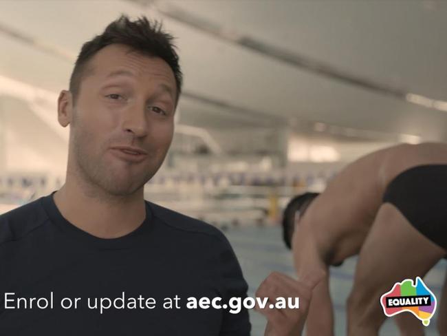 Ian Thorpe and his partner Ryan Channing in their marriage equality video. Picture: Supplied