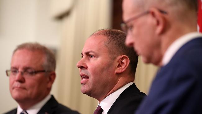 Scott Morrison, Josh Frydenberg and Paul Fletcher announce the government’s response to the ACCC inquiry. Picture: David Geraghty