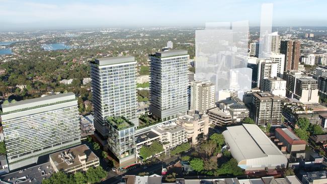 An artist’s impression of the Crows Nest over station development. The shadow buildings are private proposals. Picture: Sydney Metro Authority