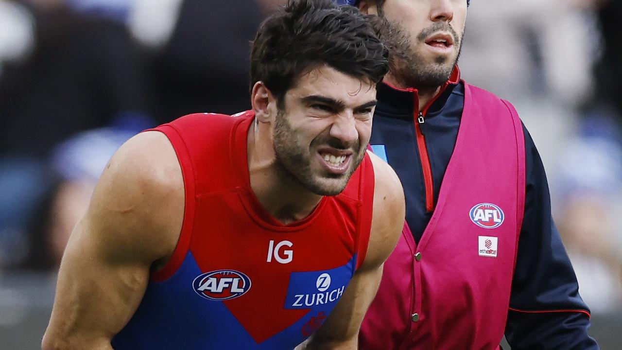 Petracca returned to the field following the first-quarter collision but was subbed out of the game and taken to hospital after halftime. Picture: Michael Klein