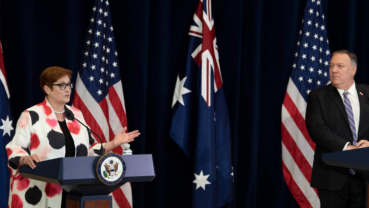 Foreign minister Marise Payne with US secretary of state Mike Pompeo at last week’s AUSMIN meeting in Washington DC. Picture: Brendan Smialowski / POOL / AFP.