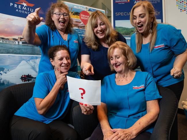 Portraits of staff at HelloWorld Travel,  Hornsby, taken on 21st June 2018. The staff are hosting a trivia night in July to raise money for Hornsby Kuringai Hospital. Pictured are:(Back left-right) Sara Salisbury, Anne Sheinbar, Senia Gupta.(Front l-r) Marina Dimitropoulos, Trudy Bean.(AAP Image / Julian Andrews).