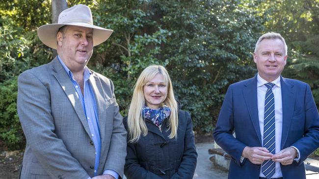 Independents John Tucker and Lara Alexander with Premier Jeremy Rockliff in Launceston after reaching an agreement to work together. Picture: Rob Burnett