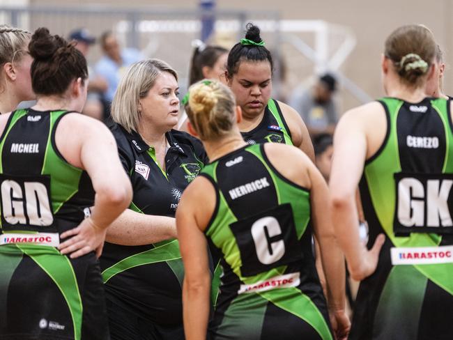 Darling Downs Panthers coach Camille Dowling talks to the squad during a break against Gold Coast Titans in Netball Queensland HART Sapphire Series Ruby League at Downlands College, Saturday, April 22, 2023. Picture: Kevin Farmer