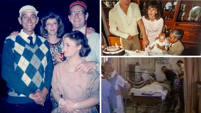 Clockwise from left: Bronwyn Winfield, second left, with her father Phillip, left, and other family members; Phillip with Bronwyn and her baby girl Chrystal; a documentary image of Bronwyn at her father’s hospital bedside