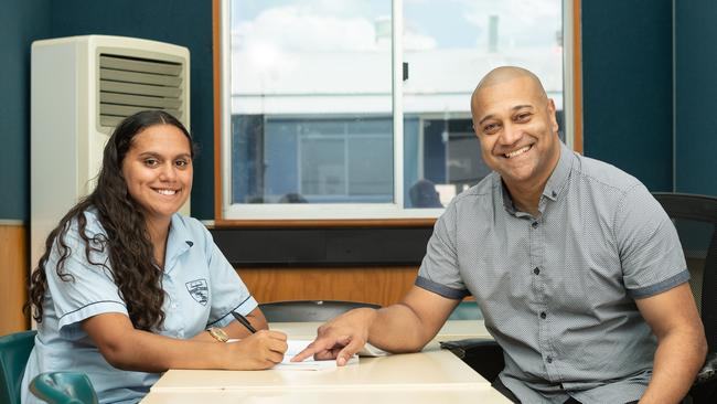 Wyndham College’s Christine Beale with teacher Tim Macintyre. Picture: Monique Harmer