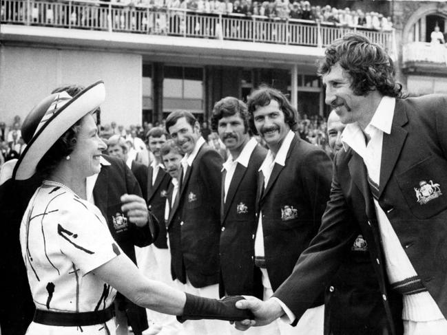 Queen Elizabeth shakes hands with Max Walker and members of the Australian cricket team in 1975. Picture: Central Press Photos.