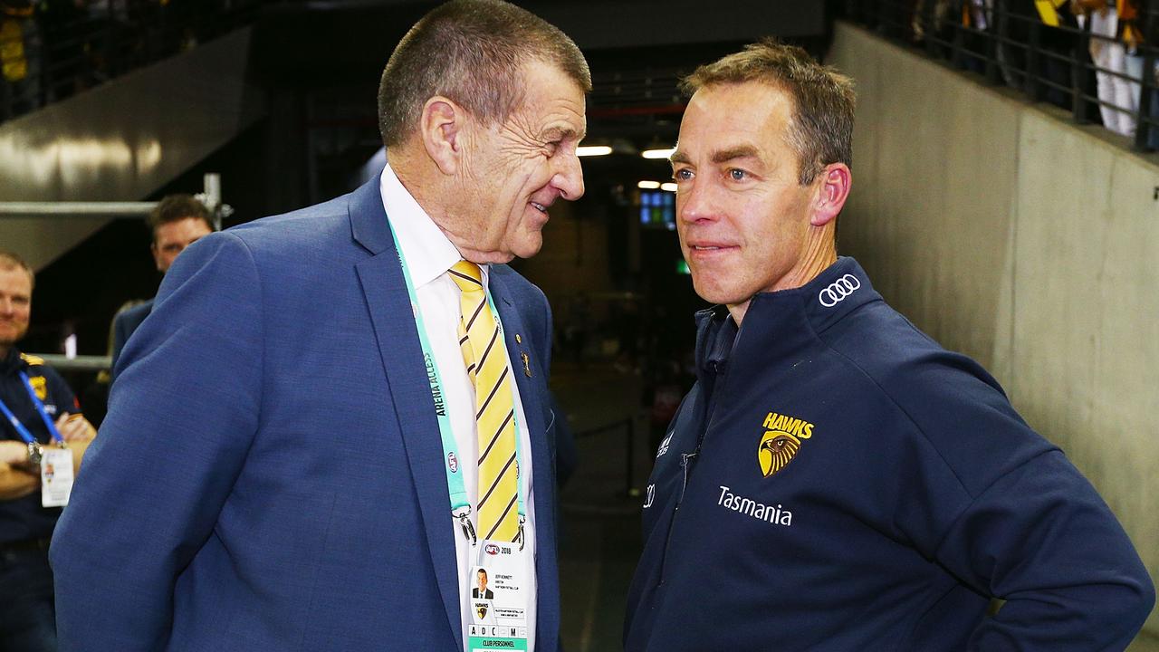 Jeff Kennett celebrates a 2018 Hawthorn win with former Hawks coach Alastair Clarkson. Picture: Getty Images