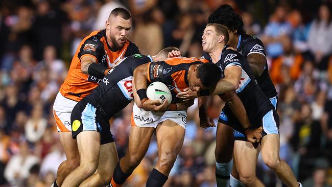 Stefano Utoikamanu of the Tigers hits the ball up. Picture: Getty Images