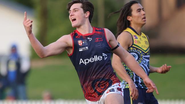 Norwood’s Ben Jarvis celebrates a goal in the Redlegs’ convincing win against the Eagles at Woodville Oval. Picture: Cory Sutton/SANFL.