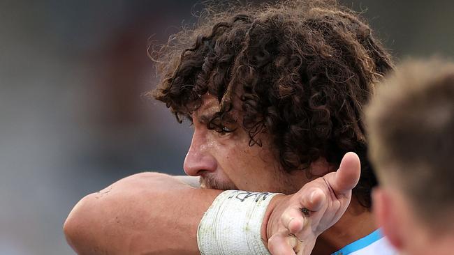 Titans' Kevin Proctor shoes the referee what happened int the tackle with Cronulla's Shaun Johnson where he was sent off for biting during the NRL match between the Cronulla Sharks and Gold Coast Titans at Kogarah oval. Picture. Phil Hillyard