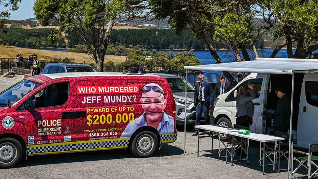 SA Police officers conduct a search for Jeff Mundy at Myponga Reservoir. Picture: Naomi Jellicoe