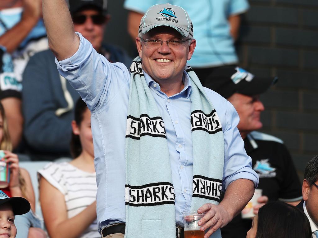 Scott Morrison watching the Sharks in May 2019. Picture: Matt King/Getty Images