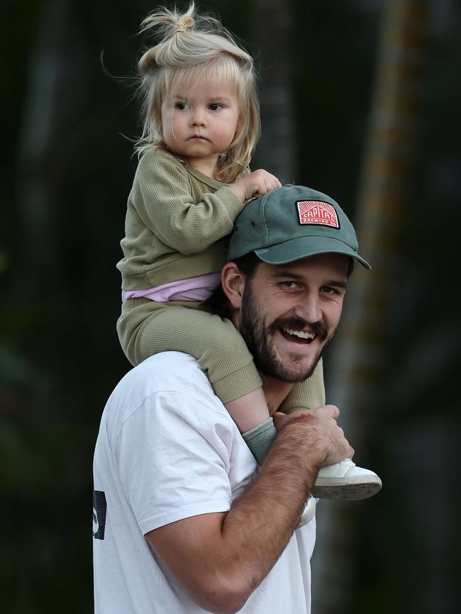 Bulldog’s Josh Bruce and his daughter Poppy at their Gold Coast hub. Picture: Michael Klein