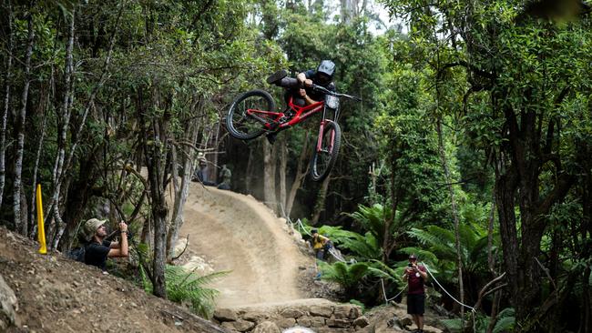 Dan Booker performs during practice at Red Bull Hardline in Maydena Bike Park, Australia on February 04, 2025. Picture: Graeme Murray / Red Bull Content Pool