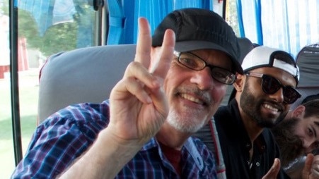 Sydney University lecturer Tim Anderson, left, and former tutor Jay Tharappel during their trip to North Korea. Picture: Facebook