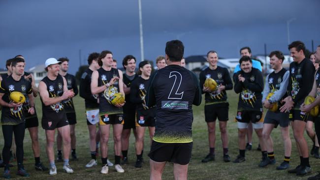 Torquay coach Dom Gleeson chats to the players. Torquay is preparing for the BFL Grand Final. Picture: Alan Barber