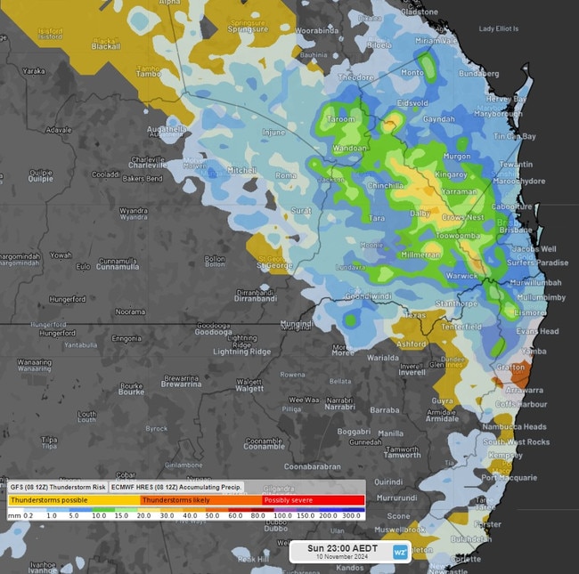 Queensland and NSW are also set to be battered with storms over the weekend. Pictured is the GFS Thunderstorm Risk and ECMWF Accumulating Precipitation on Sunday. Picture: Supplied / Weatherzone