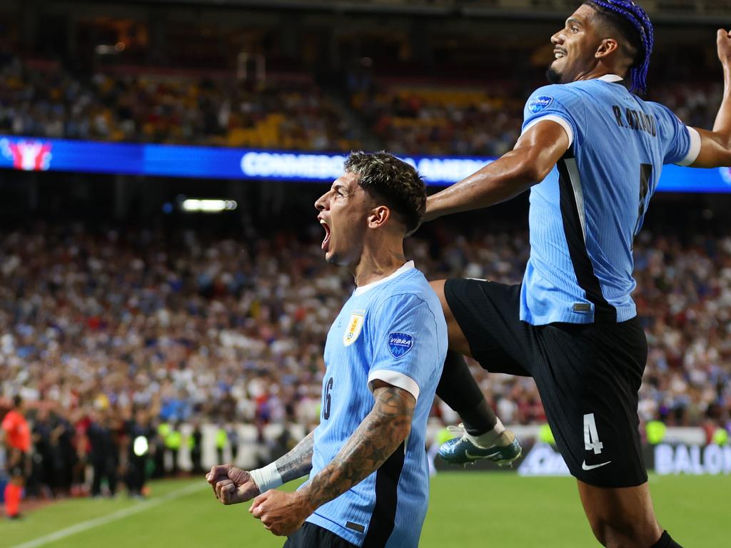 Mathias Olivera celebrates the only goal of the match. (Photo by Michael Reaves/Getty Images)