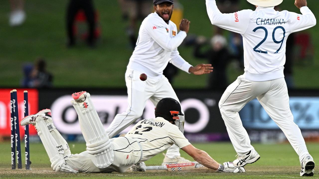 Kane Williamson makes his ground as New Zealand claim victory over Sri Lanka in a crazy finish at Hagley Oval. Picture: Getty Images