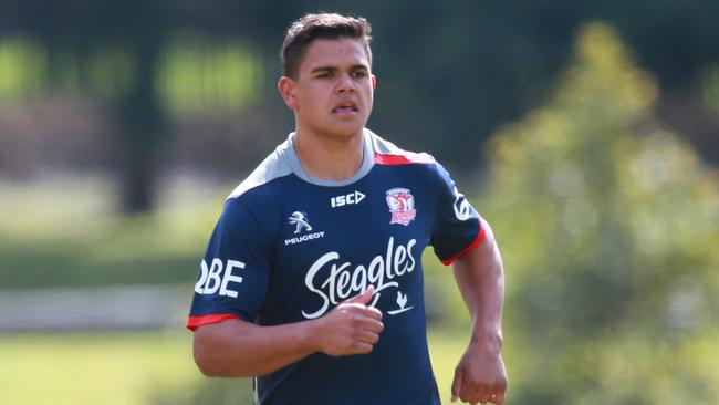 Centre Latrell Mitchell and small group of Roosters players do running drills during training at Moore Park. Picture Cameron Richardson.