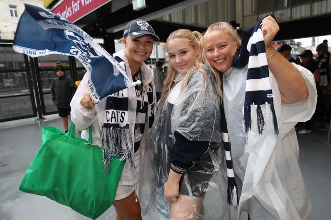 BRISBANE, AUSTRALIA - OCTOBER 24: Cats fans pose before the 2020 AFL Grand Final match between the Richmond Tigers and the Geelong Cats at The Gabba on October 24, 2020 in Brisbane, Australia. (Photo by Jono Searle/AFL Photos/via Getty Images)