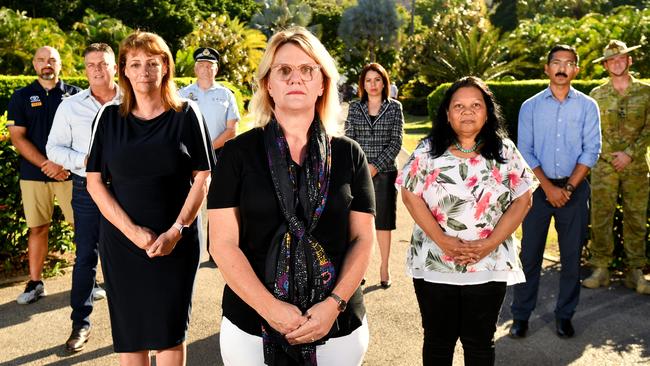 Townsville for White Ribbon; Cowboys Coach Todd Payten, Aaron Harper MP, Mayor Jenny Hill, Chief Superintendent Craig Hanlon, CEO of NQDVRS Mandy Thompson, TEL CEO Patricia O'Callaghan, Yumba-Meta's Brenda Lucas and Anil Kaithakulath, and Commander of 3rd Brigade Brigadier Kahlil Fegan. Picture: Alix Sweeney