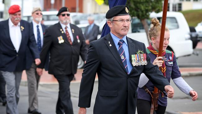 The ANZAC day parade marching towards the Cygnet cenotaph. Picture: PATRICK GEE