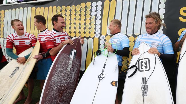 Mick Fanning and Joel Parkinson at the Surf of Origin at Burleigh Beach. Picture: Annette Dew