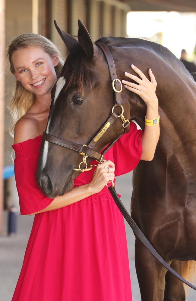 Phoebe Phillips with Lot 800 filly, a half sister to Magic Millions starter Miss Hipstar, at the Vinery stables at the Magic Millions sales. Picture: Glenn Hampson